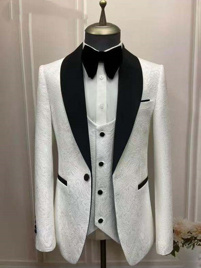 Mens Jacquard Contrast Shawl Lapel Three Piece Suit Wedding Formal Occasions