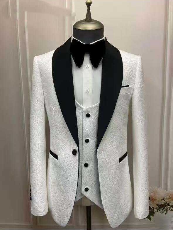 Mens Jacquard Contrast Shawl Lapel Three Piece Suit Wedding Formal Occasions