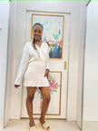 White Long Sleeve V-Neck Shirt with Ruffled High-Waist Short Skirt