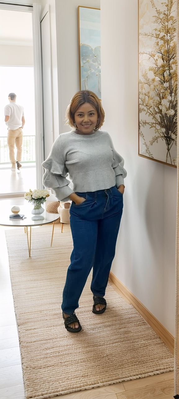 Light gray knit top with layered sleeves and crew neck