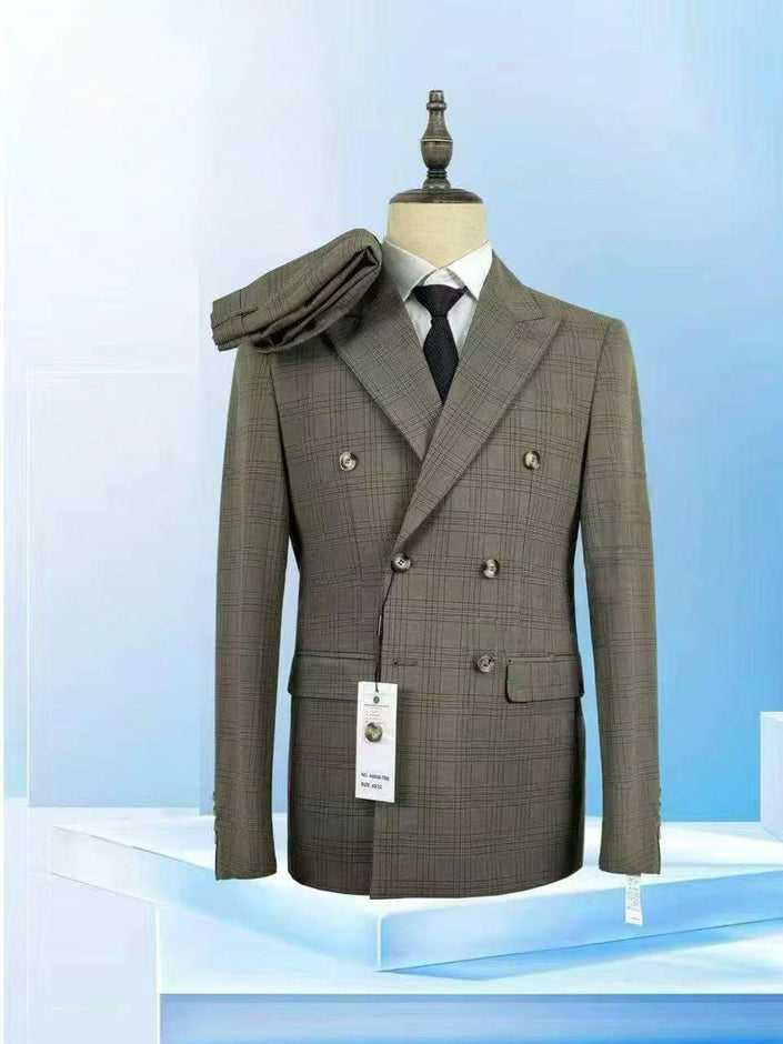 Khaki plaid slim-fit double-breasted suit jacket with notch lapels