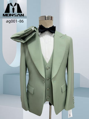 Mint green three-piece formal suit with blazer, waistcoat, and black bow tie