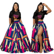 Black Crop Top and High-Slit Geometric Patterned Long Skirt Two-Piece Set