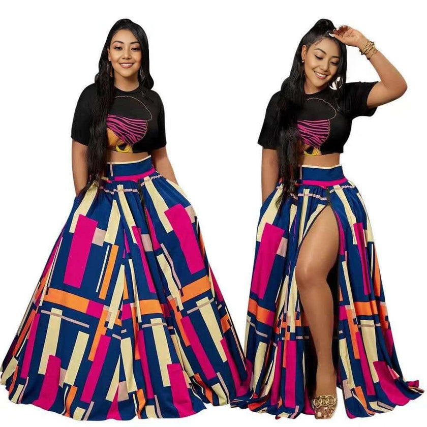 Geometric crop top and pleated skirt set, black top with colorful graphic print