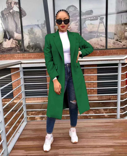 Green long tailored double-breasted coat with button front