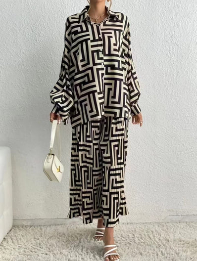 Geometric patterned pleated wide-leg pants with matching shirt