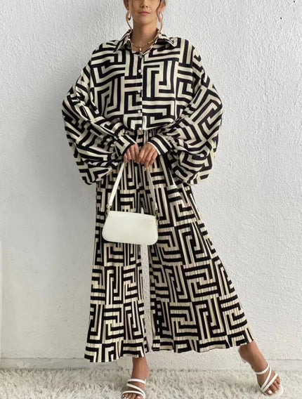 Casual Style Long-Sleeve Button-Up Shirt with Pleated Wide-Leg Pants