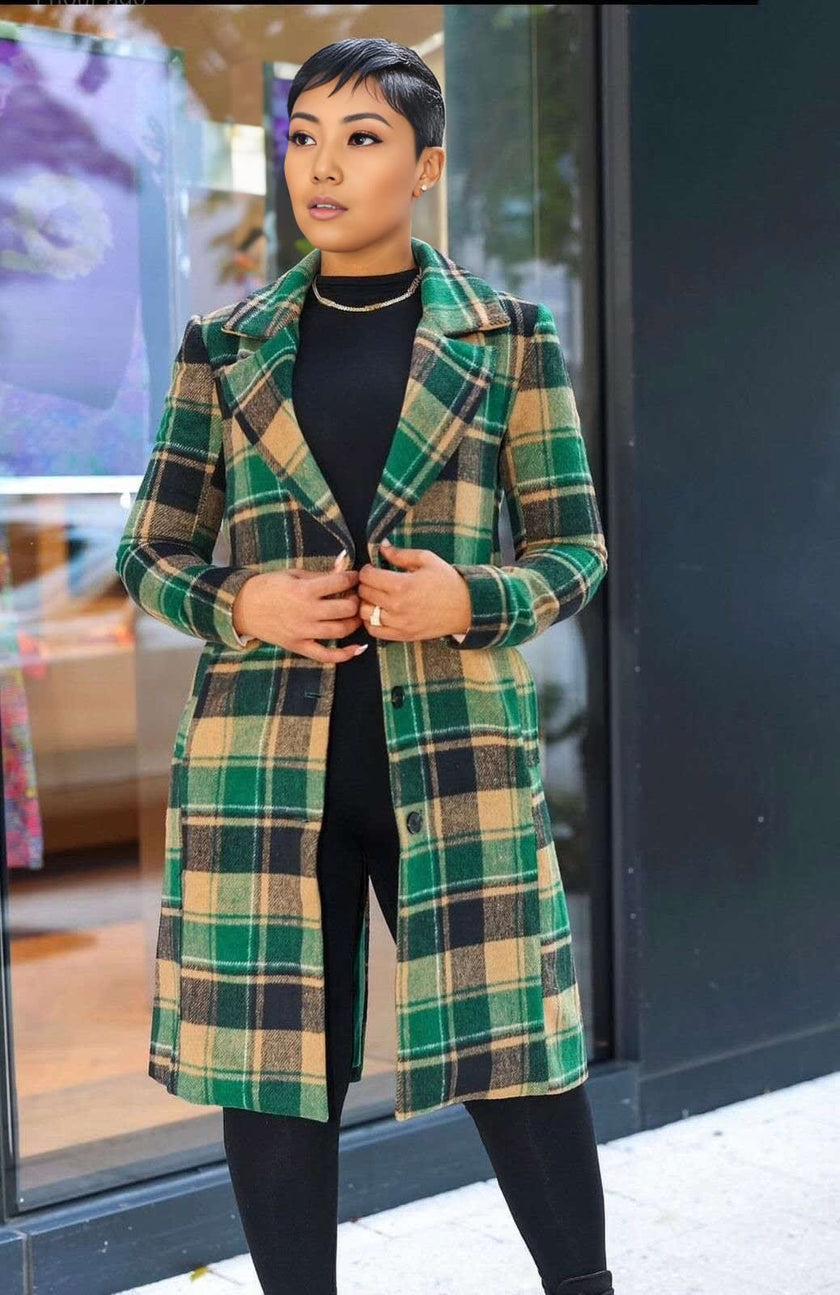 Plaid long coat with notched lapels, green and red tartan pattern, front button closure.