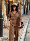 Coffee brown collared drawstring waist shirt and wide-leg pants two-piece outfit