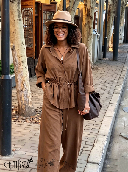 Coffee brown collared drawstring waist shirt and wide-leg pants two-piece outfit