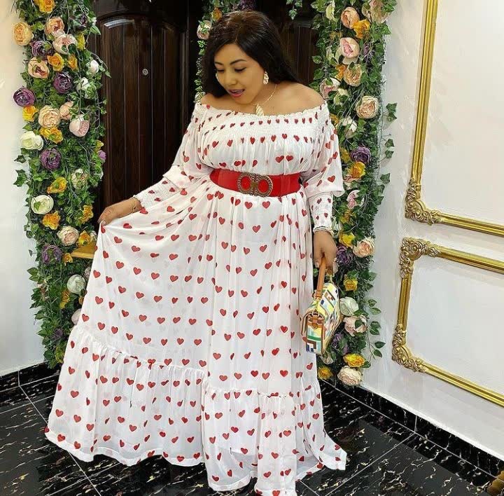 Off-shoulder heart print maxi dress, white with red hearts, tiered skirt, long sleeves