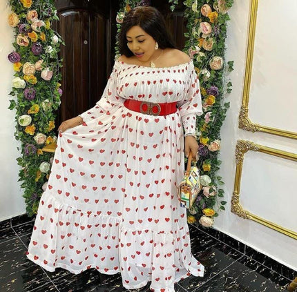 Off-shoulder heart print maxi dress, white with red hearts, tiered skirt, long sleeves