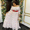 Off-shoulder heart print maxi dress, white with red hearts, tiered skirt, long sleeves
