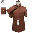 Men's short-sleeve Mao collar suit jacket, caramel brown, button front and flap pockets.