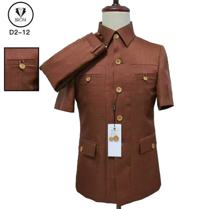 Men's short-sleeve Mao collar suit jacket, caramel brown, button front and flap pockets.