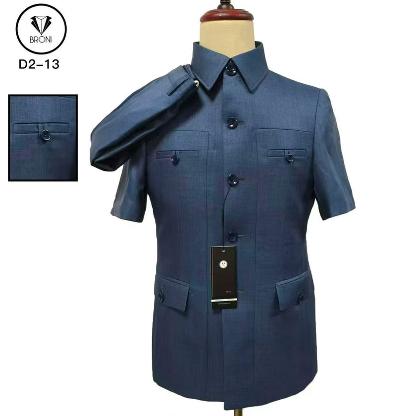 Navy short-sleeve mao jacket with stand collar, button front and two chest pockets