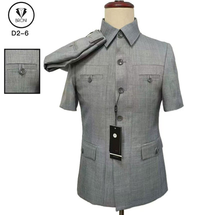 Light grey short-sleeve slim fit mao suit jacket with button front and pockets