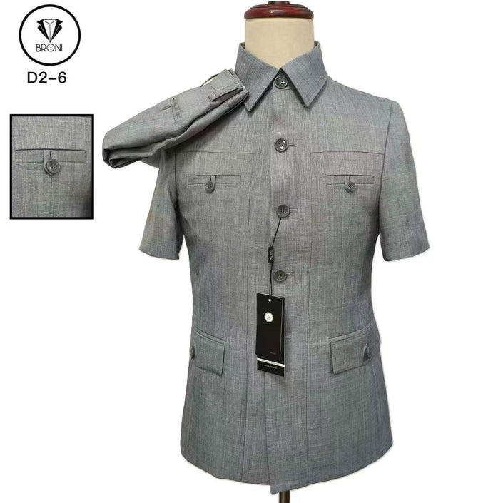Light grey short-sleeve slim fit mao suit jacket with button front and pockets