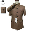 Brown short-sleeve mao suit jacket with stand collar, button front, chest pockets