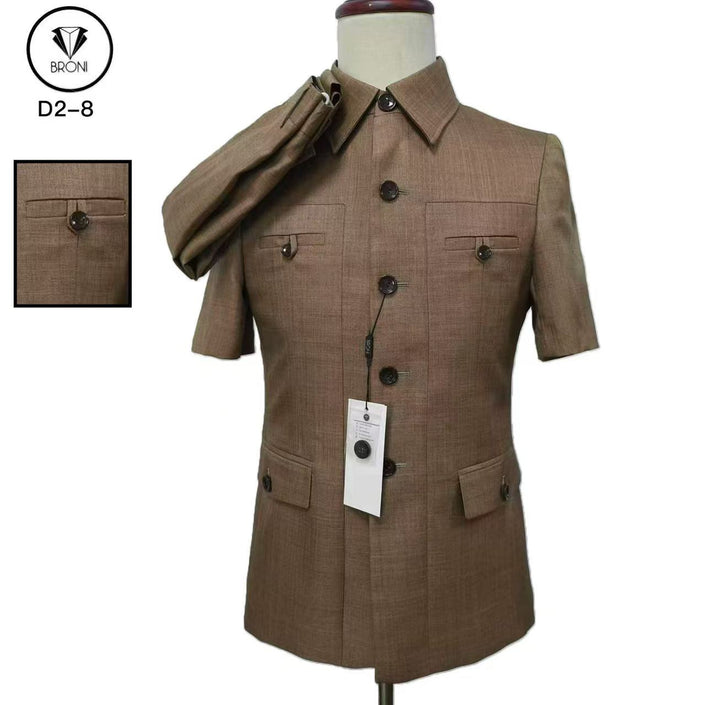 Brown short-sleeve mao suit jacket with stand collar, button front, chest pockets