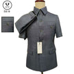 Short-sleeve mao suit jacket in gray with stand collar, buttons, and chest pockets.