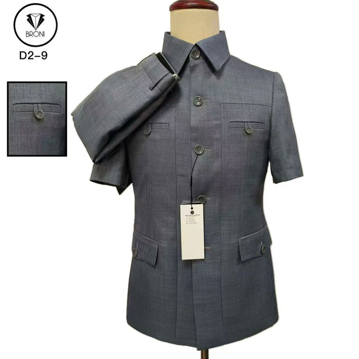 Short-sleeve mao suit jacket in gray with stand collar, buttons, and chest pockets.