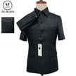 Black mao suit jacket with stand collar, button front, and chest flap pockets