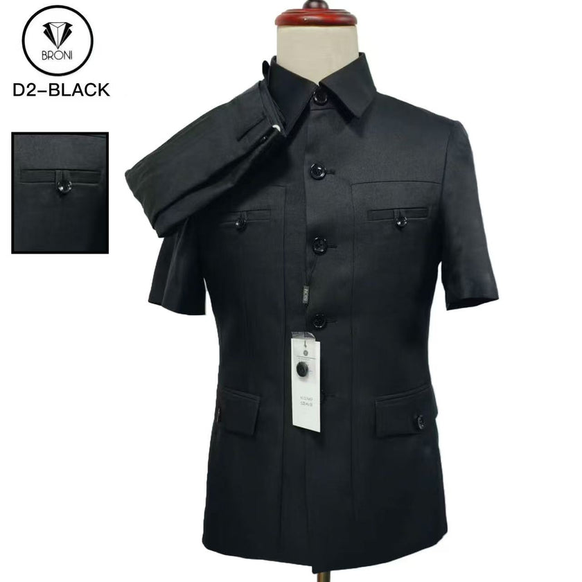 Black mao suit jacket with stand collar, button front, and chest flap pockets