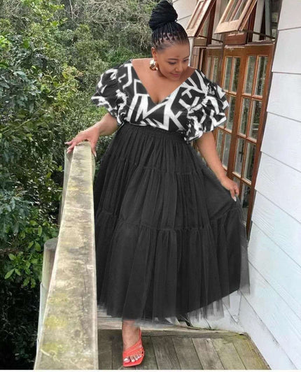 Square Neckline Tiered Puff Sleeve Maxi Dress with Tulle Overlay