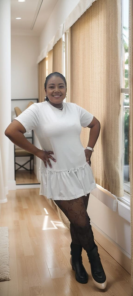 Women's Short-Sleeve Dress with Ruffled Hem and Patterned Accents