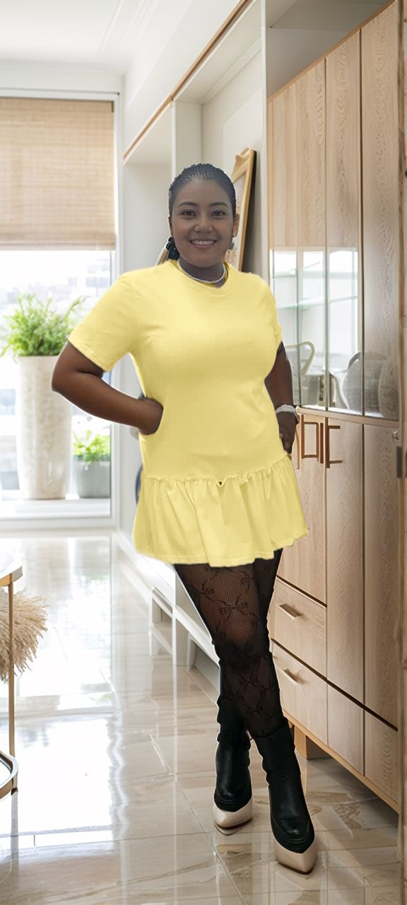 Yellow short-sleeve mini dress with ruffle hem