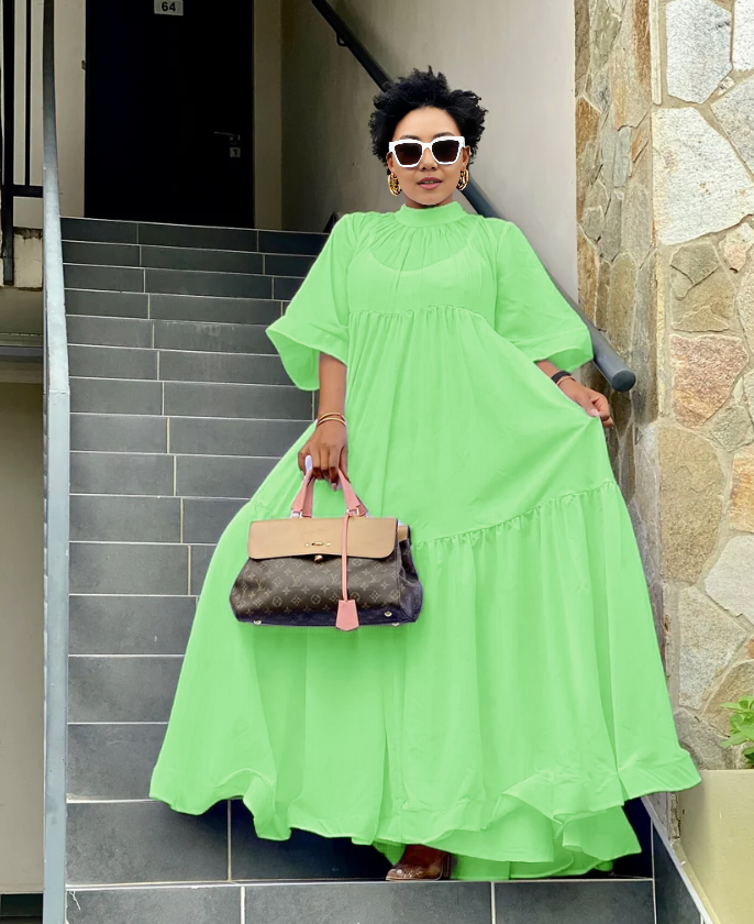 Tiered maxi dress, loose fit, neon green with high neckline and flutter sleeves