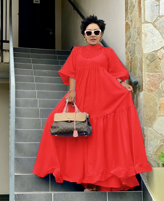 Loose-fit tiered maxi dress, bright red with short sleeves and high neckline
