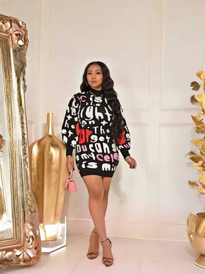 Fashion Letter Print Long Sleeve Knitted Dress