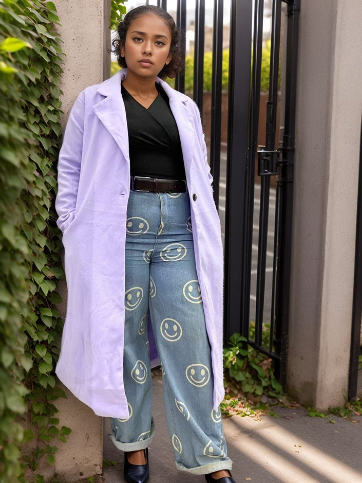 Light-purple long lapel single-breasted coat with button front and long sleeves