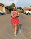Women's Short Sleeve Polo Shirt with Floral Pattern and Striped Skirt Set