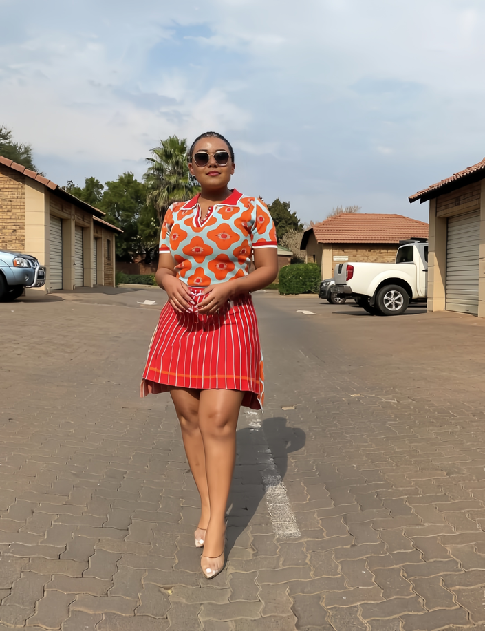 Floral polo top and striped skirt twin set, orange and white, short sleeve