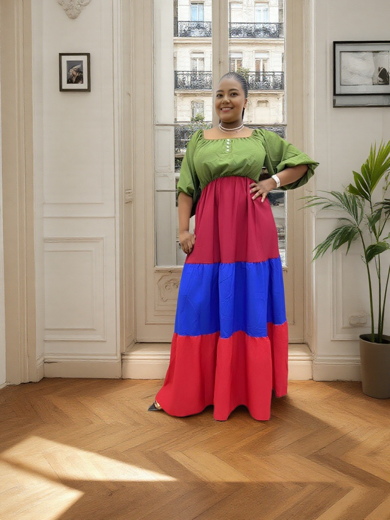 Color-block maxi dress with puff sleeves, loose fit, green top, pink and blue panels