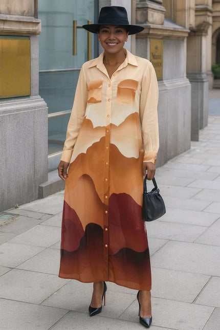 Maxi shirt dress with button front, collar, long sleeves, beige with mountain print
