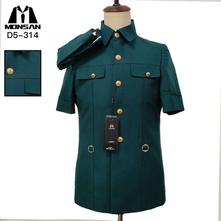 Dark green short-sleeve suit jacket with mandarin collar, gold buttons, flap pockets.
