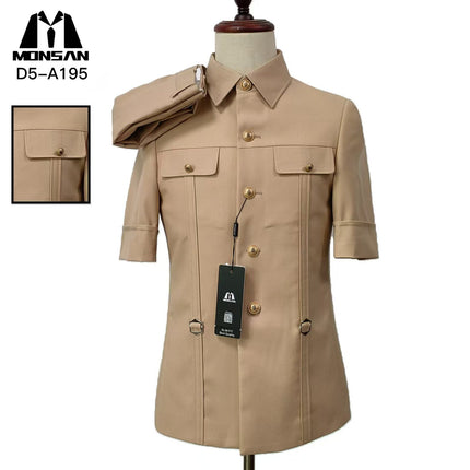 Khaki short-sleeve mao suit shirt with button placket and flap pockets