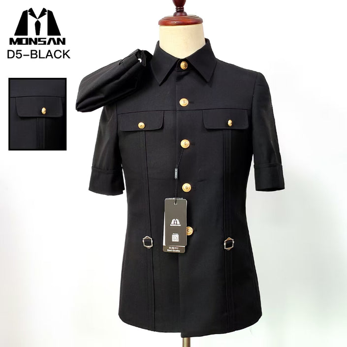 Black mao suit short sleeve slim-fit shirt with stand collar, gold buttons, chest pockets