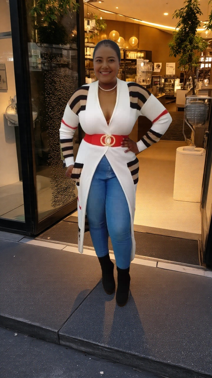 Long knit cardigan with bold black and red stripe panels on cream, long sleeves