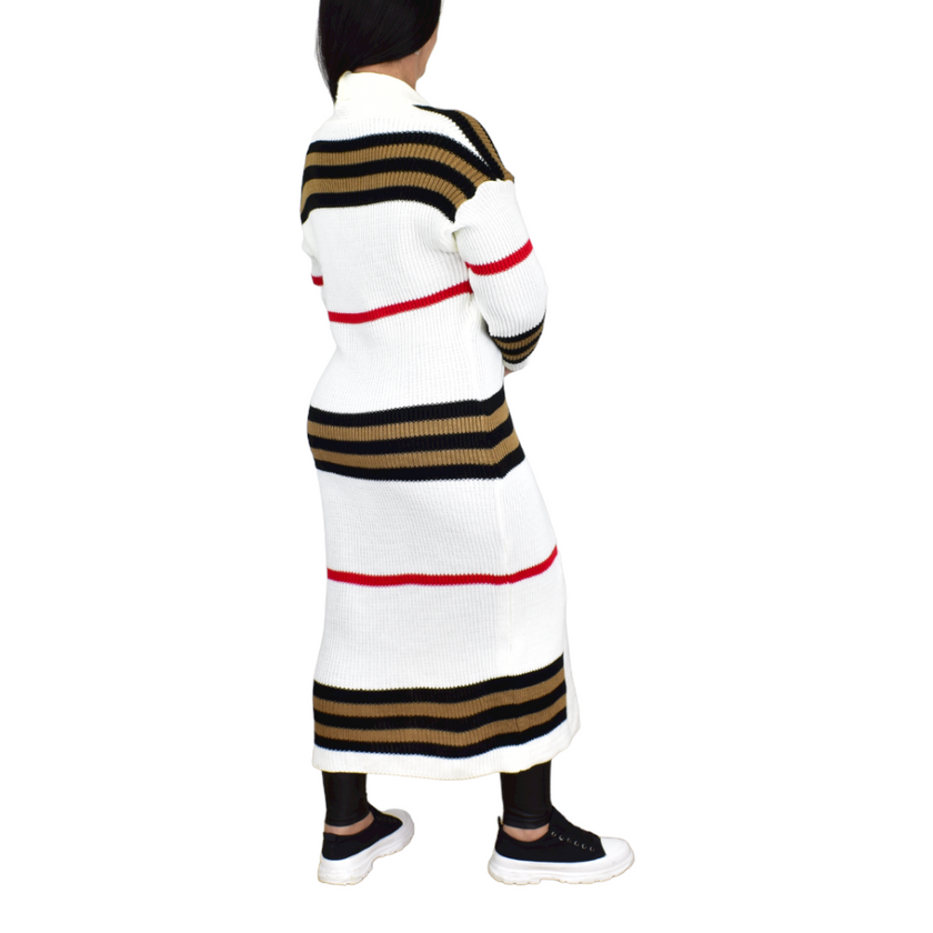 Women's Long Striped Knitted Cardigan with Open Front and Ribbed Edges
