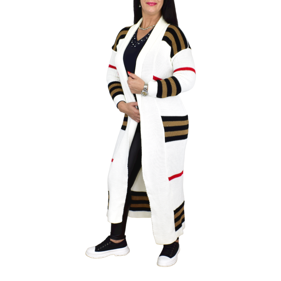 Women's Long Striped Knitted Cardigan with Open Front and Ribbed Edges