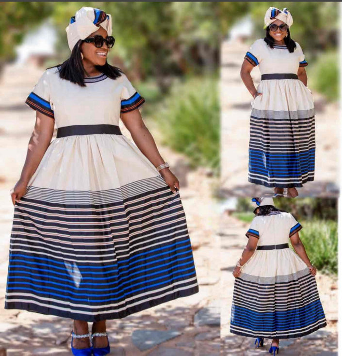 Striped A-line dress with short sleeves and round neck, blue/navy horizontal stripes