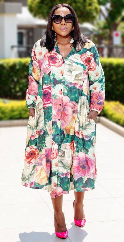 Floral midi button-up dress with long sleeves, green base and pink/red flower print