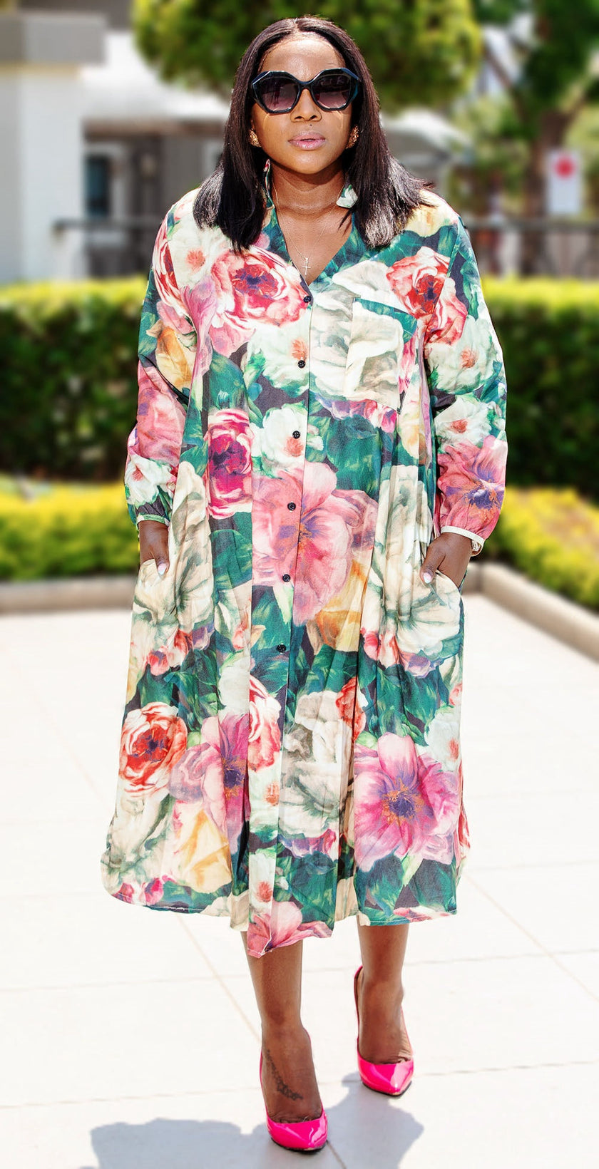 Floral midi button-up dress with long sleeves, green base and pink/red flower print