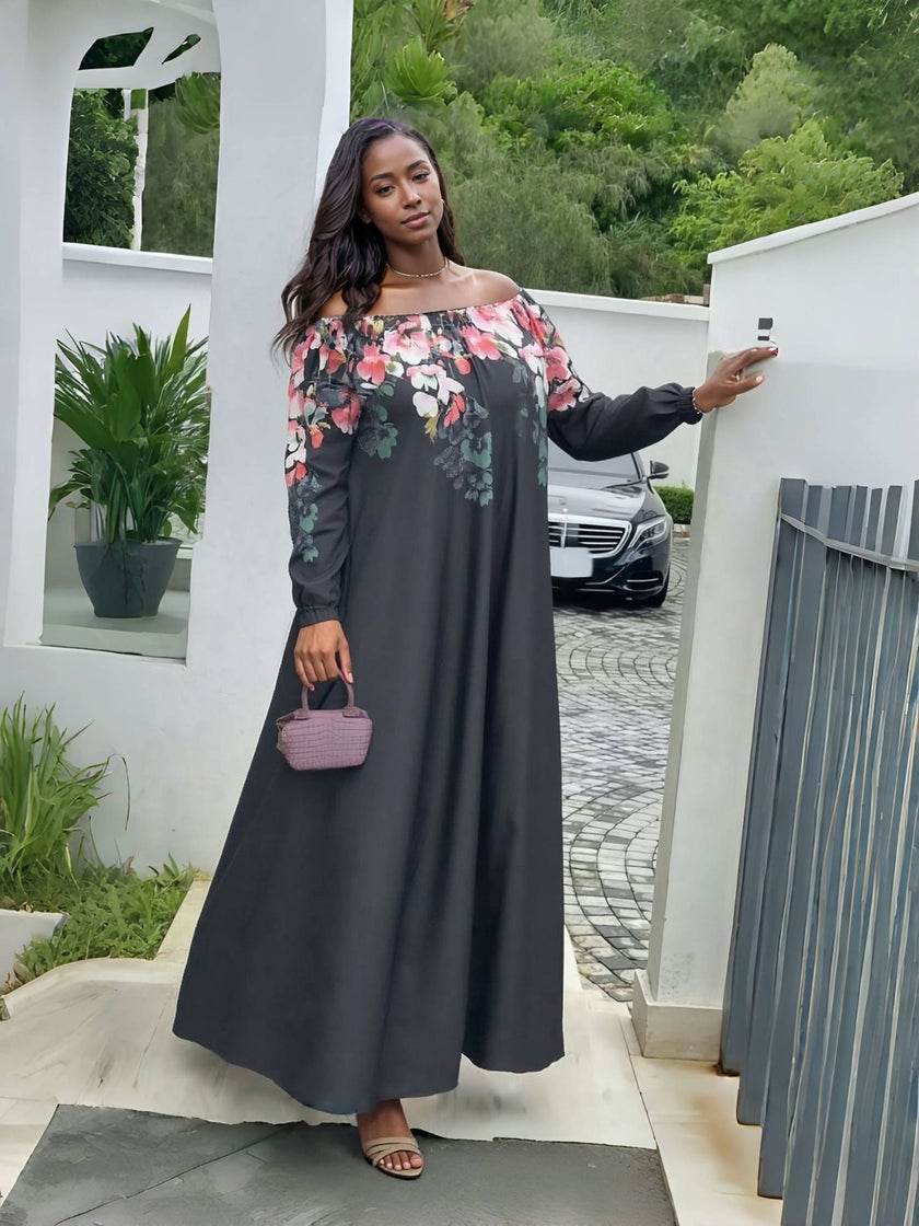 Black off-shoulder maxi dress with pink and green floral embroidery bodice, long sleeves