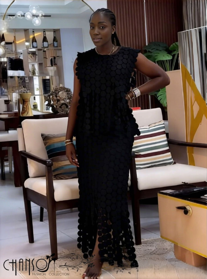 Black geometric sequin sleeveless dress with layered fringe hem